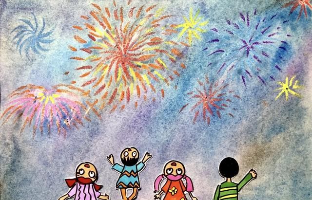 「绘画教程」元宵节儿童水粉画-正月十五看烟花