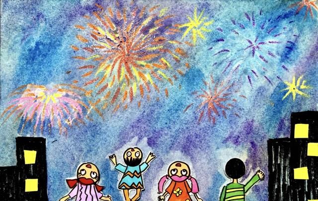 「绘画教程」元宵节儿童水粉画-正月十五看烟花
